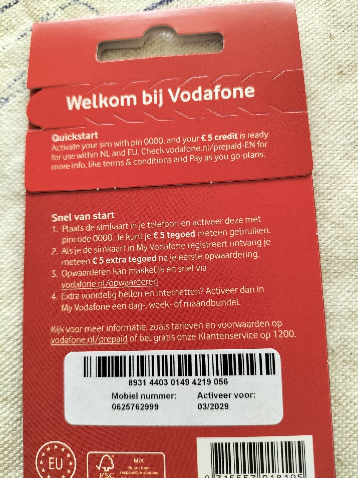 06.25.76.29.99 Vodafone Prepaid SIM-kaart met €5 tegoed, Telecommunicatie, Prepaidkaarten en Simkaarten, Verzenden, Nieuw, Vodafone