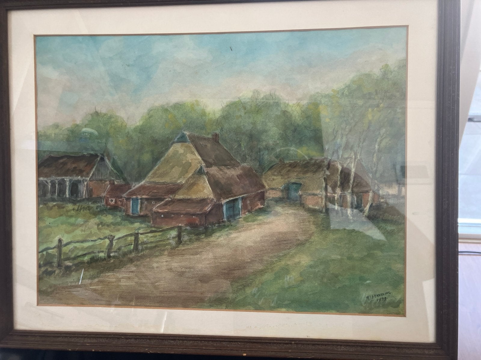 Aquarel Landschap met Boerderijen - R.J. Bekkering 1979, Antiek en Kunst, Realistisch, Landschap, Aquarel, Papier