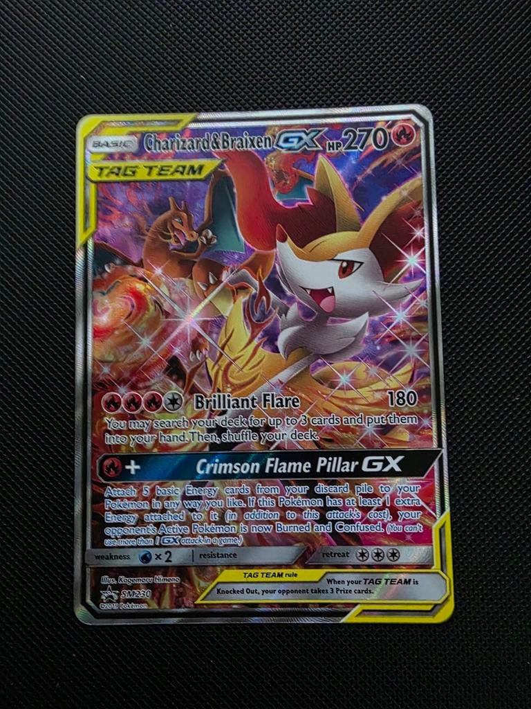 Pokémon Kaart: Charizard & Braixen GX TAG TEAM, Ophalen of Verzenden, Zo goed als nieuw, Losse kaart, Foil