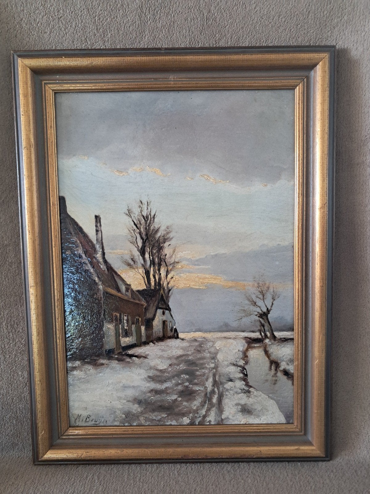 M Bruijn winterlandschap met knotwilgen paneel 24 x 32 cm, Antiek en Kunst, Ophalen of Verzenden