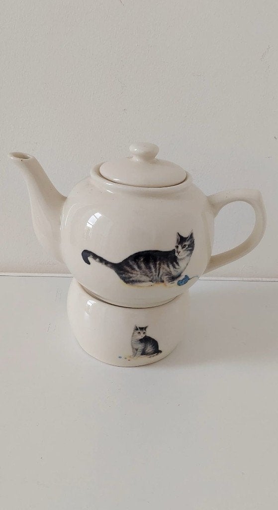 Vintage Keramische Theepot Theelicht Katten Poezen (2-delig), Huis en Inrichting, Keuken | Servies, Eu, Overige merken, Eu, Overige typen