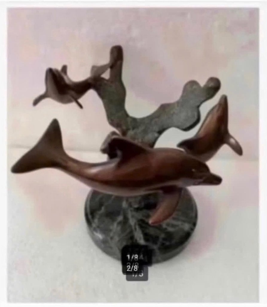 Kunst Design object brons dolfijn Serpentijn voet, Ophalen of Verzenden