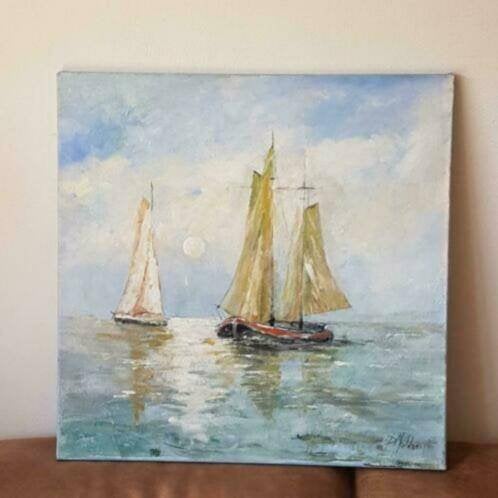 Prachtig olieverf platbodem op zee D. Dijkman Mulder, Antiek en Kunst, Kunst | Schilderijen | Klassiek, Ophalen