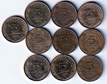 5  cent  div.jaren  Frankrijk. km. 933 ( 0,10 euro p.st.), Ophalen of Verzenden, Frankrijk, Losse munt