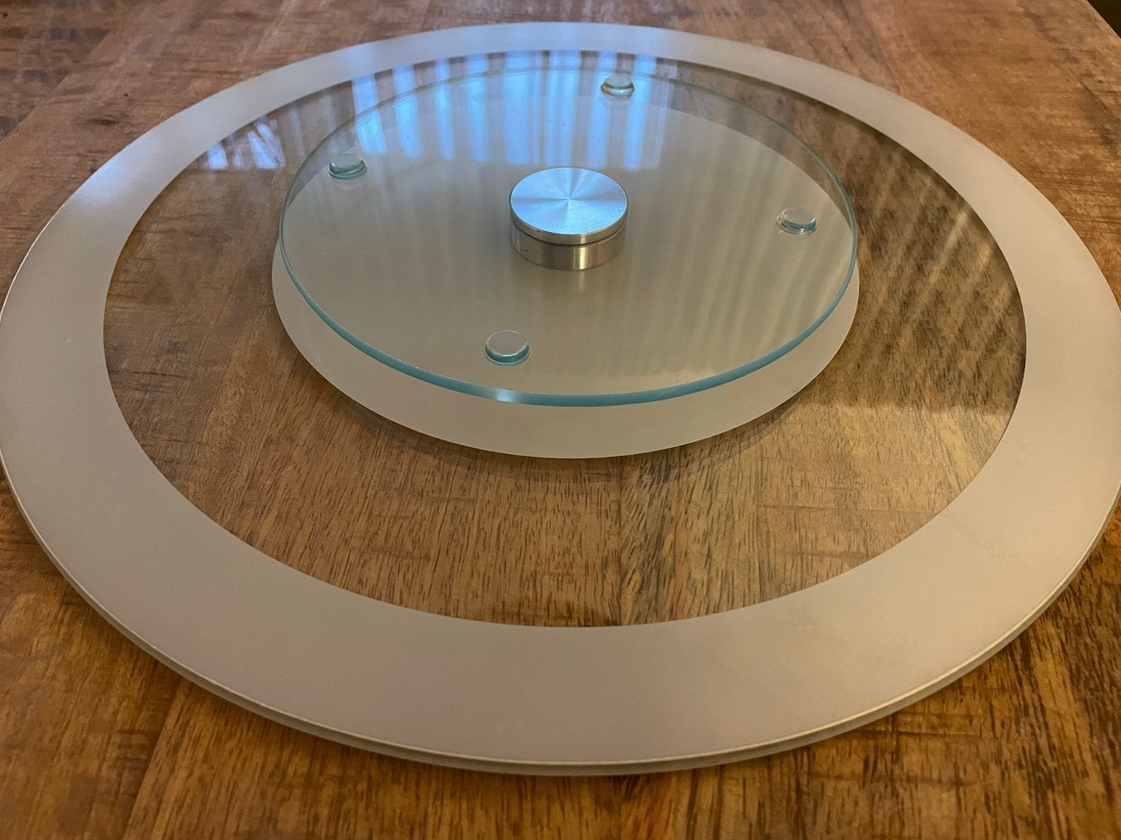 Draaiplateau van glas en metaal, Ophalen, Zo goed als nieuw, Zilver, Glas
