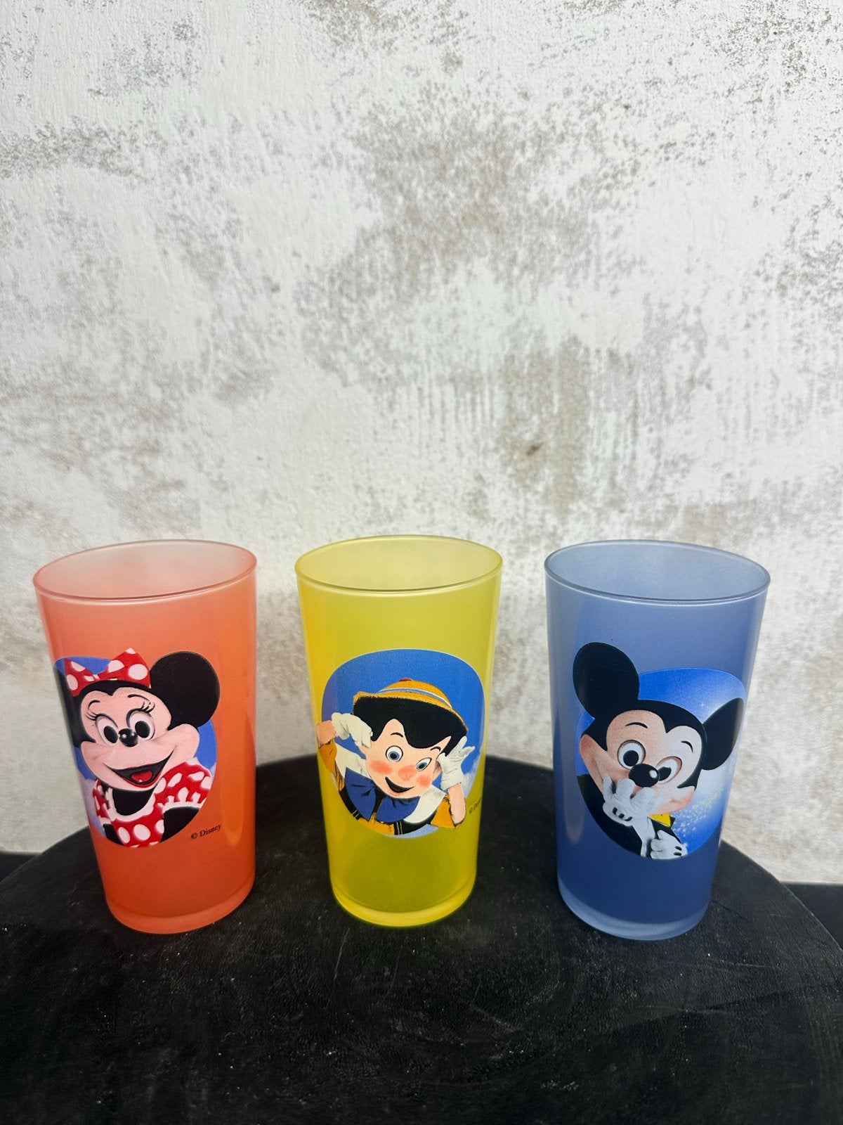 Set van 3 Disney drinkglazen: Minnie, Pinokkio, Mickey, Ophalen of Verzenden, Mickey Mouse, Gebruikt, Servies