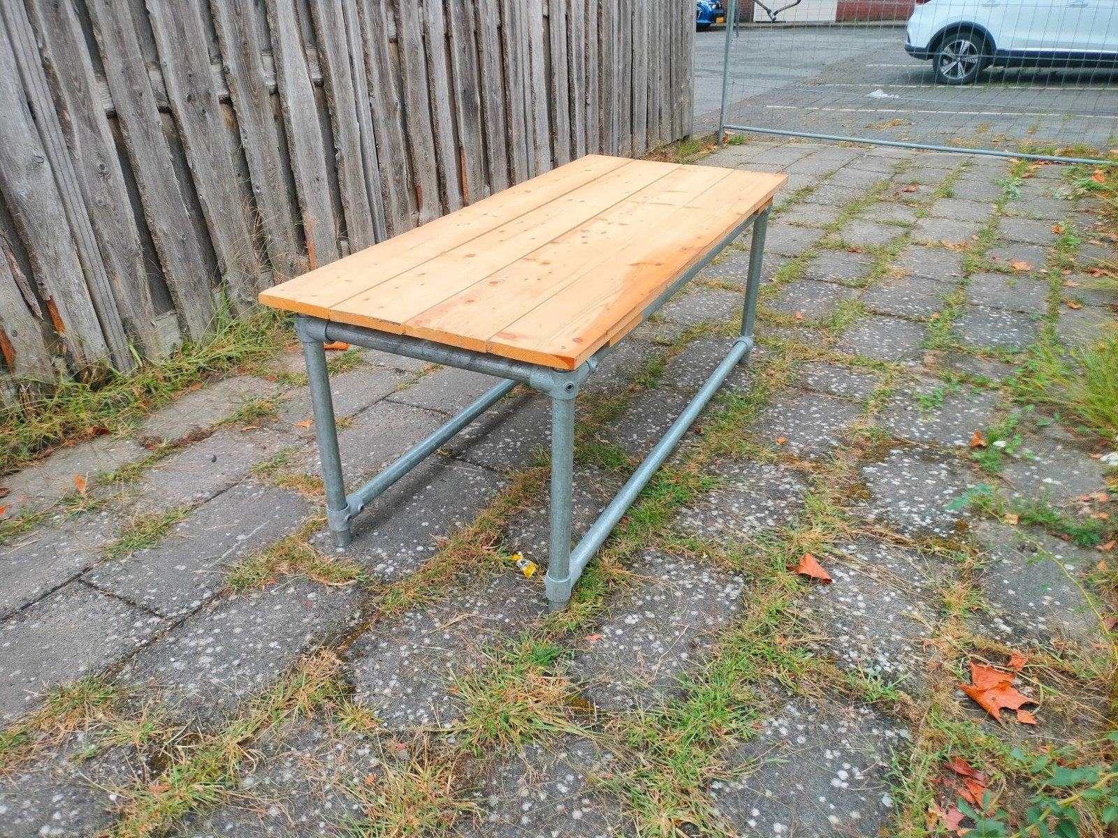 Steigerbuis tafel - Robuust en industrieel design, Gebruikt, 100 tot 150 cm, 50 tot 100 cm, Vier personen