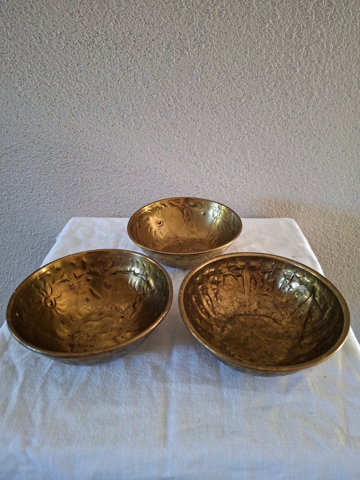 Set van 3 Antieke Handgedreven Koperen Schaaltjes, Antiek en Kunst, Ophalen of Verzenden, Koper