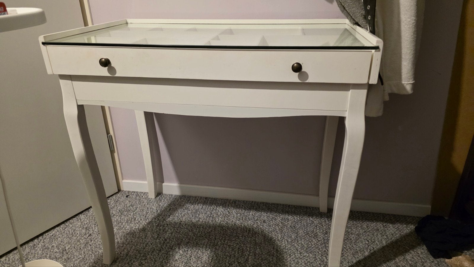 Brocante Mini-Bureau/Kaptafel met Glazen Blad en Stoeltje, Ophalen, Gebruikt, 50 tot 100 cm, Glas