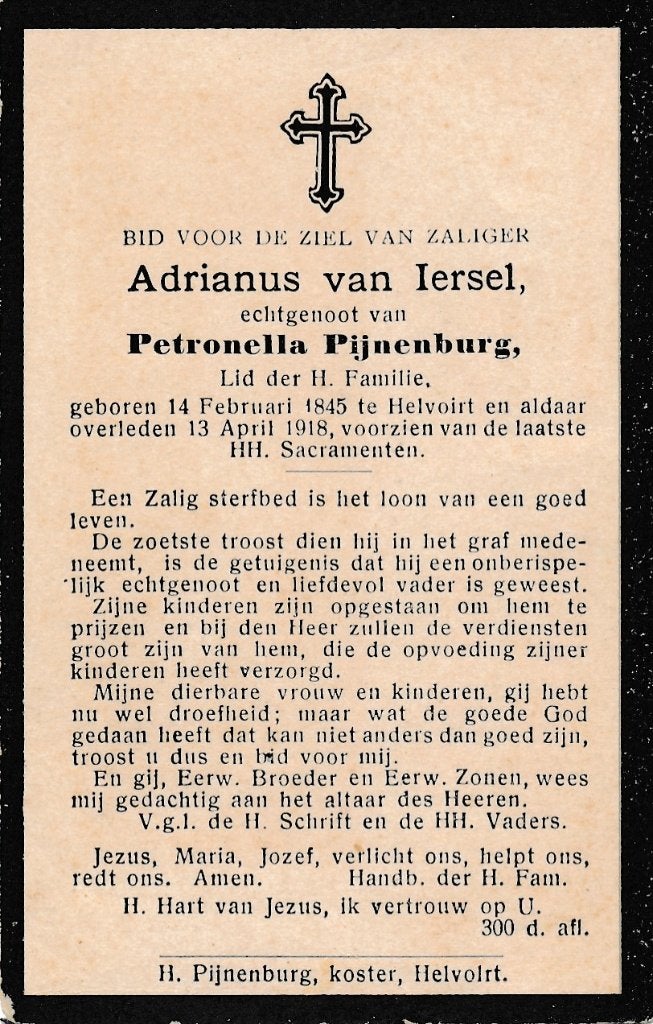 Iersel Adrianus 1845 Helvoirt 1918, Ophalen of Verzenden, Bidprentje
