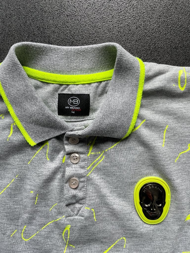 My Brand Polo Shirt Grijs met Neon Geel Spetters, Gebruikt, Ophalen of Verzenden, My Brand, Shirt of Longsleeve