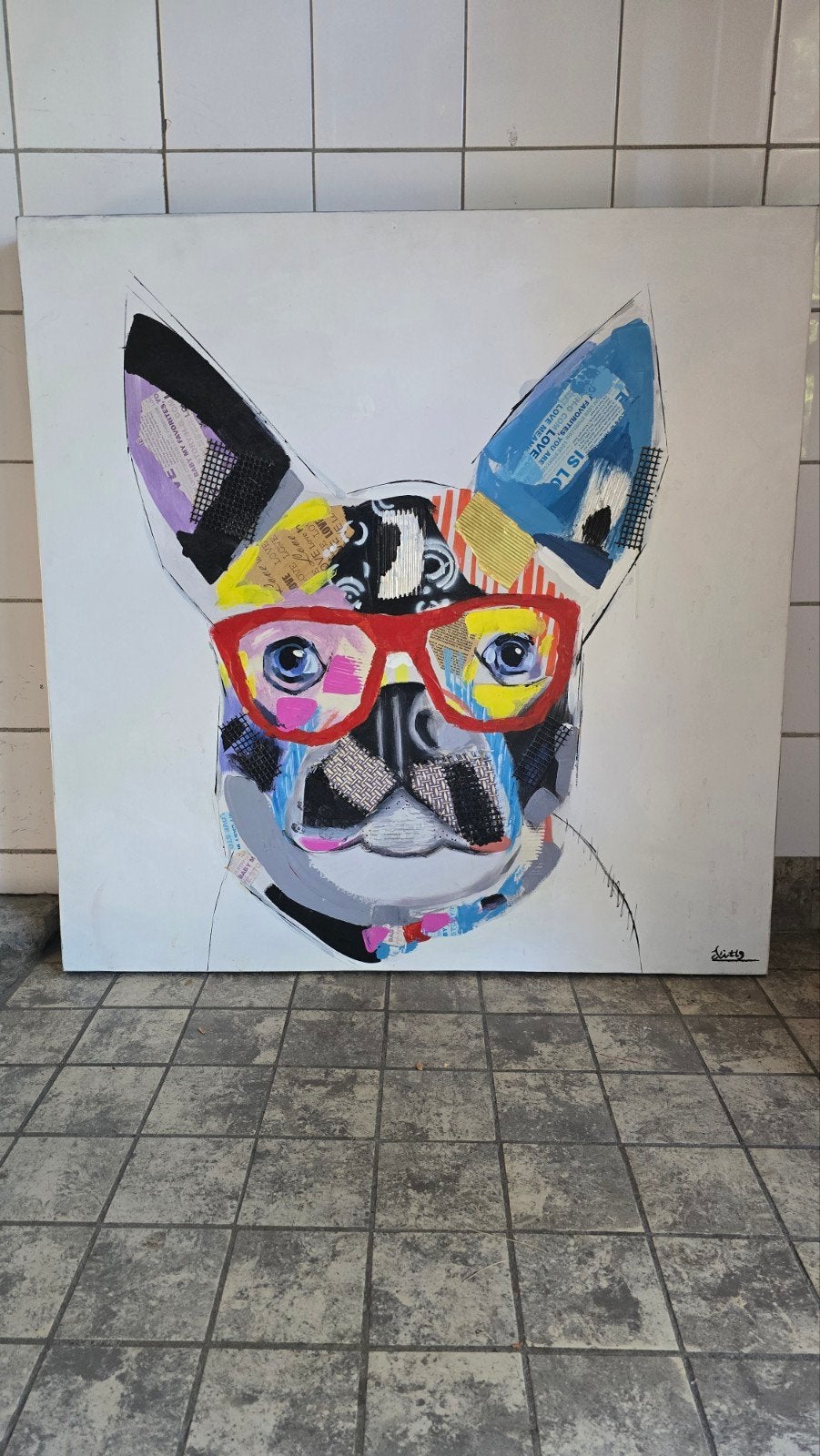 Modern Pop Art Hond met Bril - Uniek Schilderij 80 x80, Ophalen, Dieren, Op houten frame, Gemengde techniek
