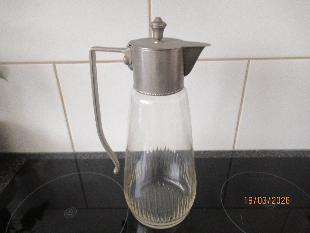 ANTIEKE SLANKE JUGENDSTIL GLAZEN KARAF MET DEKSEL, Ophalen of Verzenden