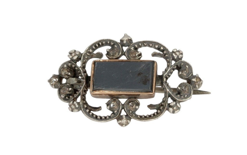 Diamanten antieke 14k gouden broche hematiet zilver vintage, Verzenden, Goud, Broche, Met edelsteen
