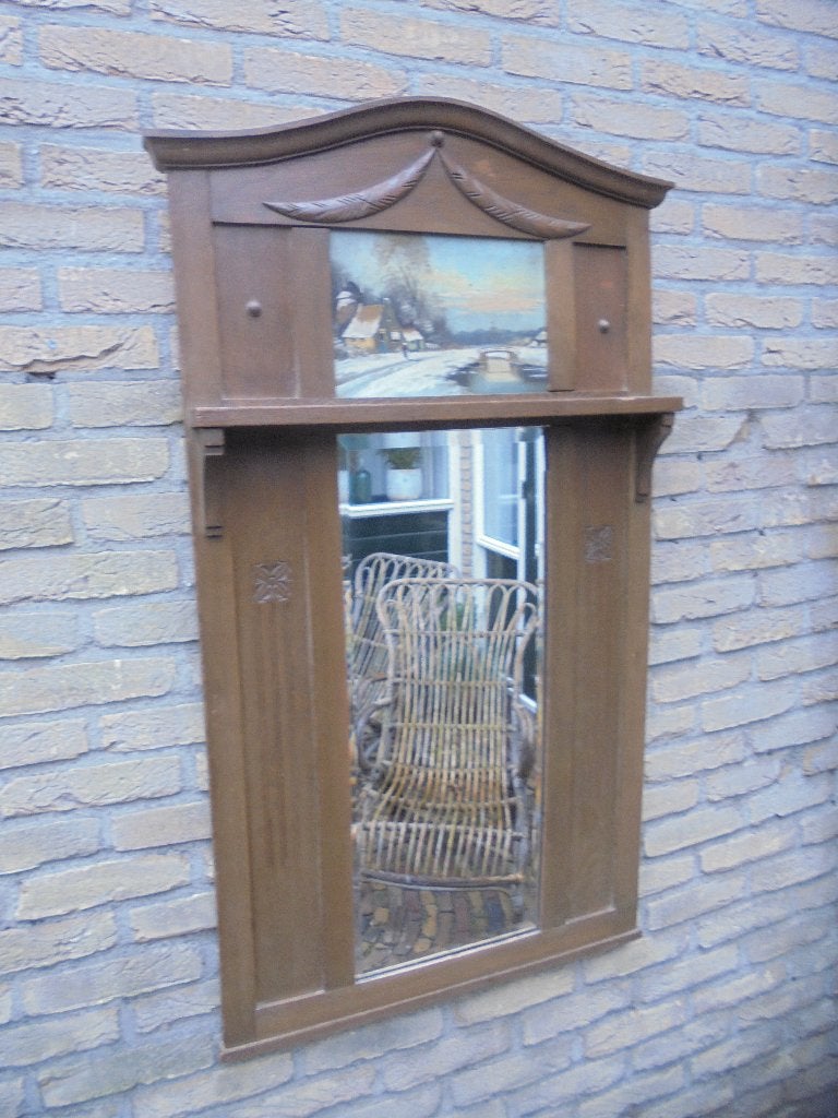 Antieke Spiegel met antiek schilderij er in, Antiek en Kunst, Ophalen, Rechthoekig, 50 tot 100 cm, 100 tot 150 cm