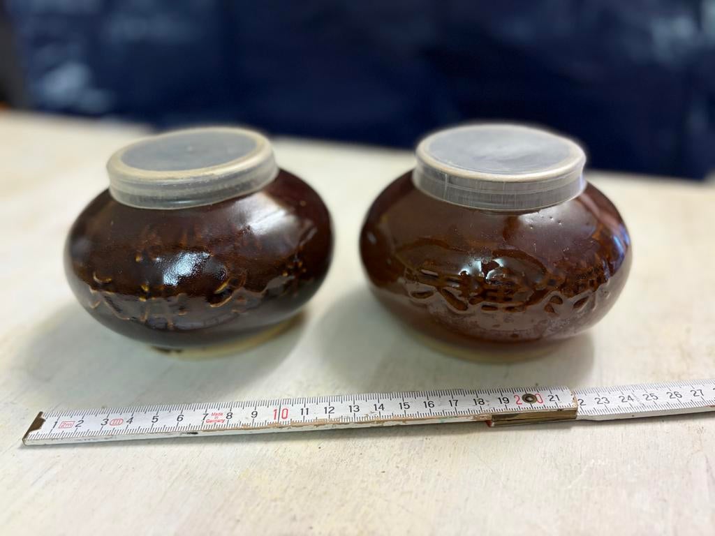 Set van 2 Vintage Bruine Keramische Potten met Deksel, Antiek en Kunst, Antiek | Keramiek en Aardewerk, Ophalen