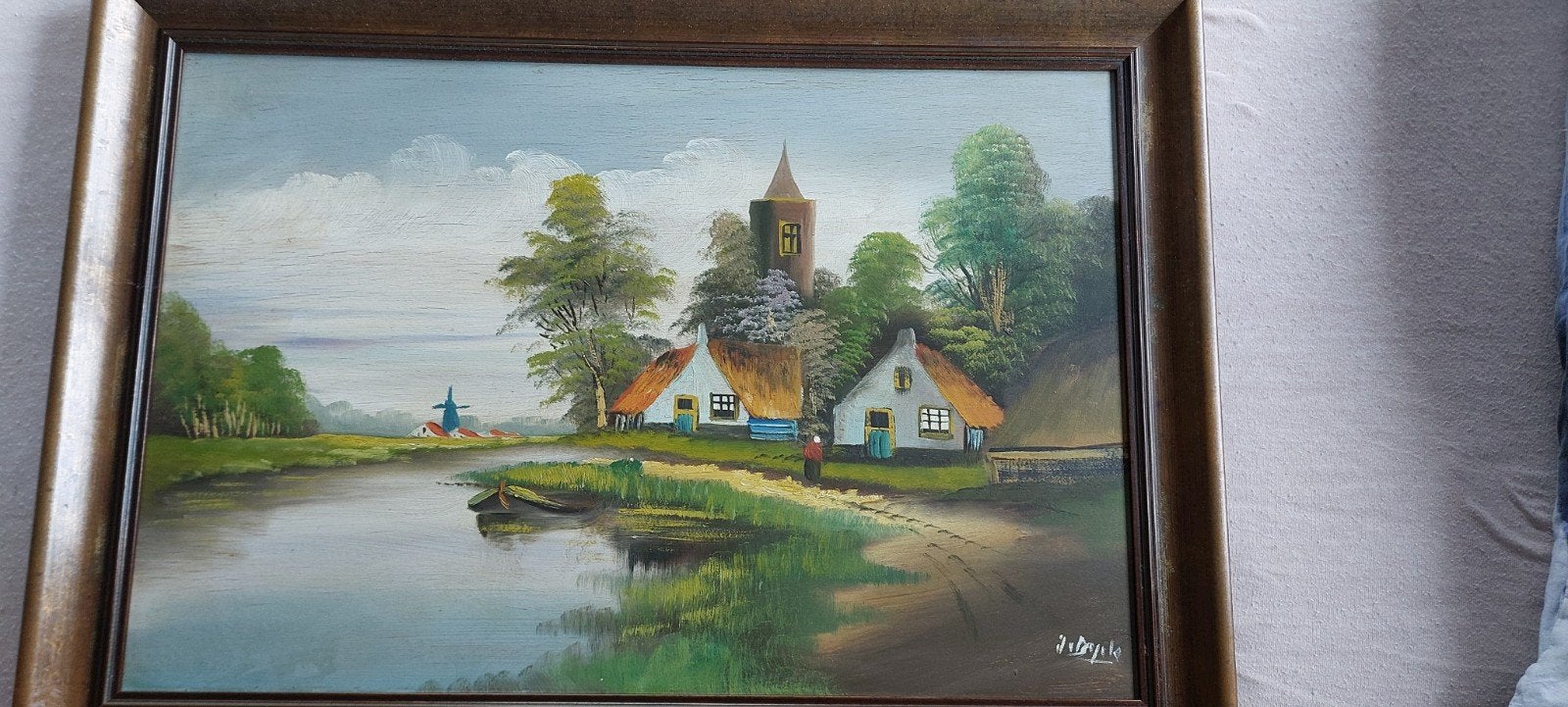 Schilderij Boerderij en Kerk op Paneel met Mooie Lijst, Ophalen of Verzenden