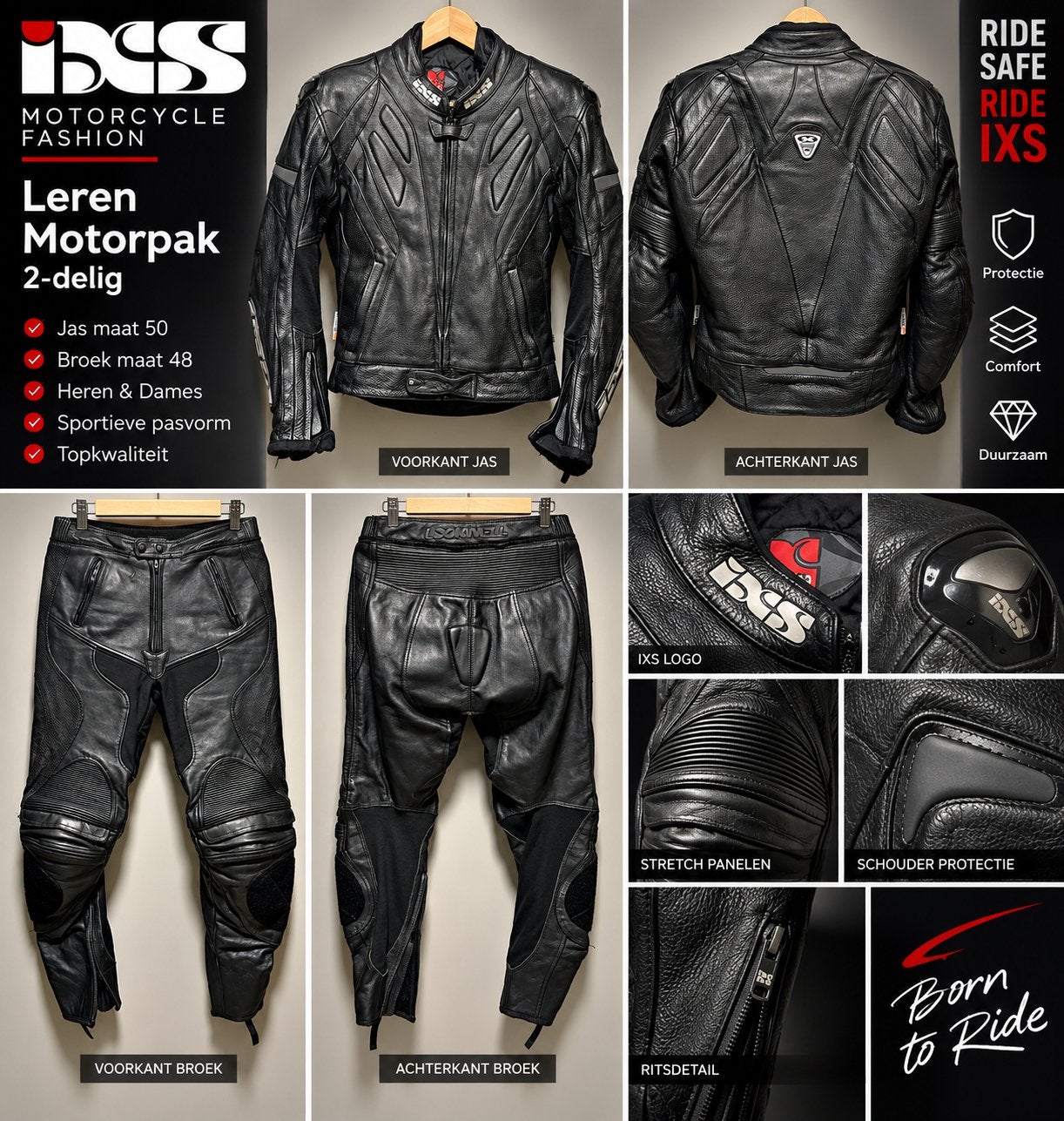 IXS Leren Motorpak 2-delig - Jas Maat 50 / Broek Maat 48, Motoren, Kleding | Motorkleding, Ophalen of Verzenden, Tweedehands, Heren