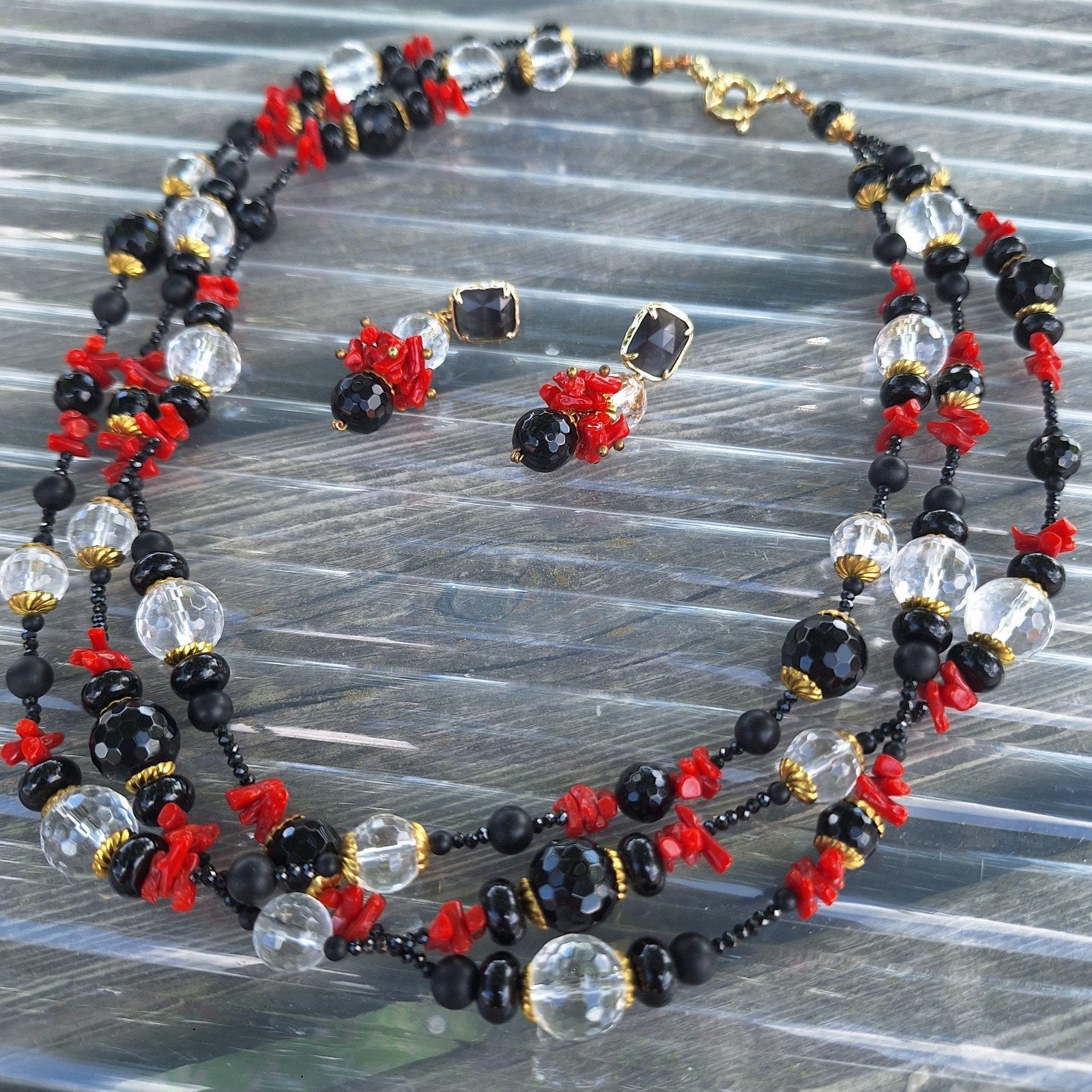Prachtige set, ketting met bijpassende oorbellen!, Sieraden, Tassen en Uiterlijk, Kettingen, Zwart, Zo goed als nieuw, Steen of Mineraal