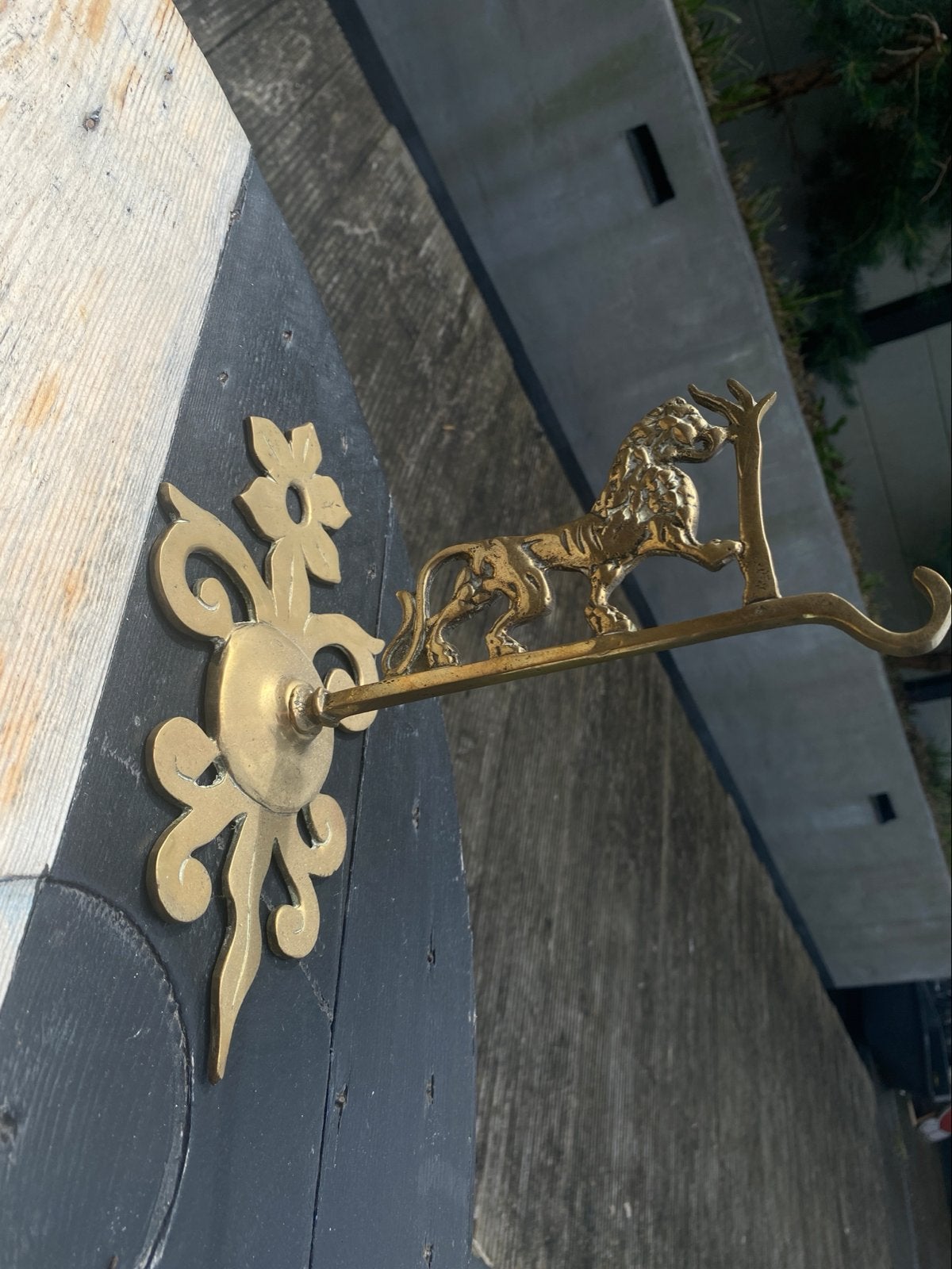Robuuste messing wandhaak met leeuw voor bloemenkorf, Ophalen