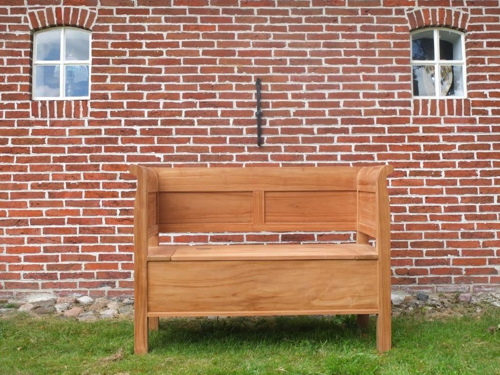 Strakke dichte teak klepbank met armleuning, Tuin en Terras, Tuinbanken, Verzenden, Nieuw, Teakhout