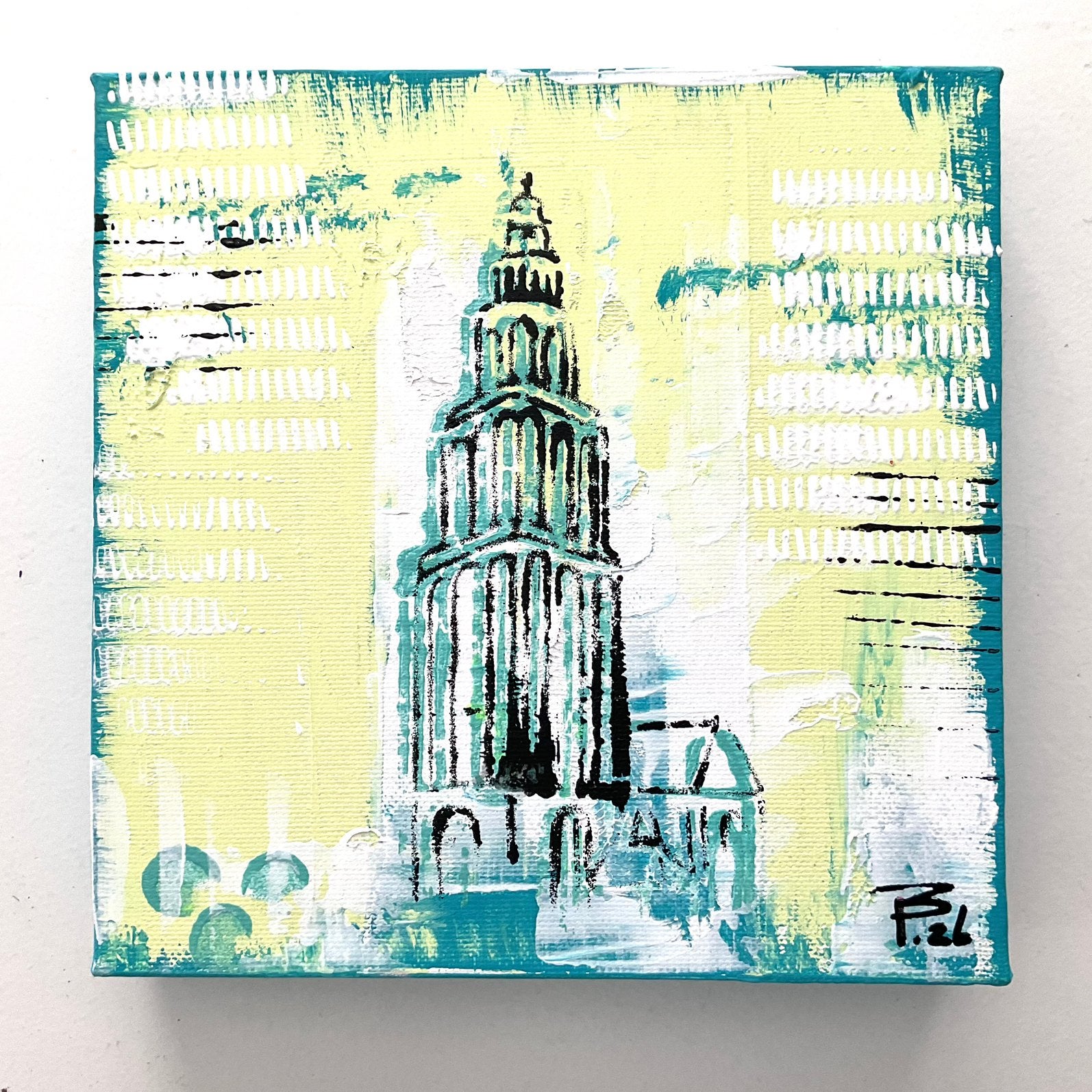 Martinitoren, acryl op doek, 20x20 cm, Ophalen of Verzenden, Zo goed als nieuw, Minder dan 50 cm, Schilderij