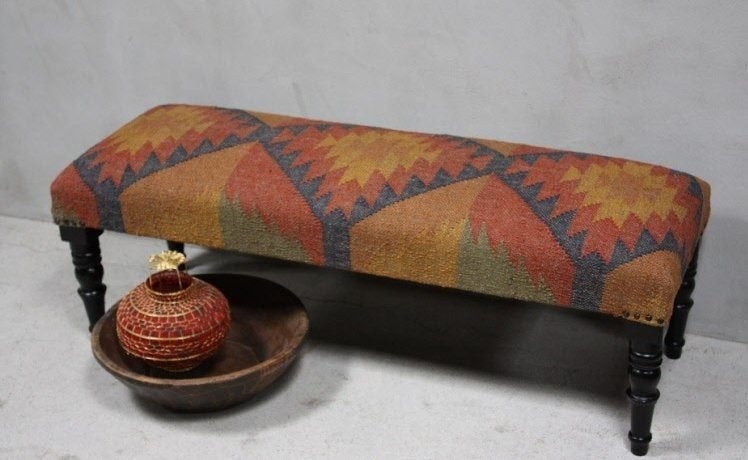 Bohemian Kelim Bankje Kleurrijke Bank Unieke Oosterse Hocker, Overige materialen, Minder dan 75 cm, Ophalen of Verzenden, Rechte bank