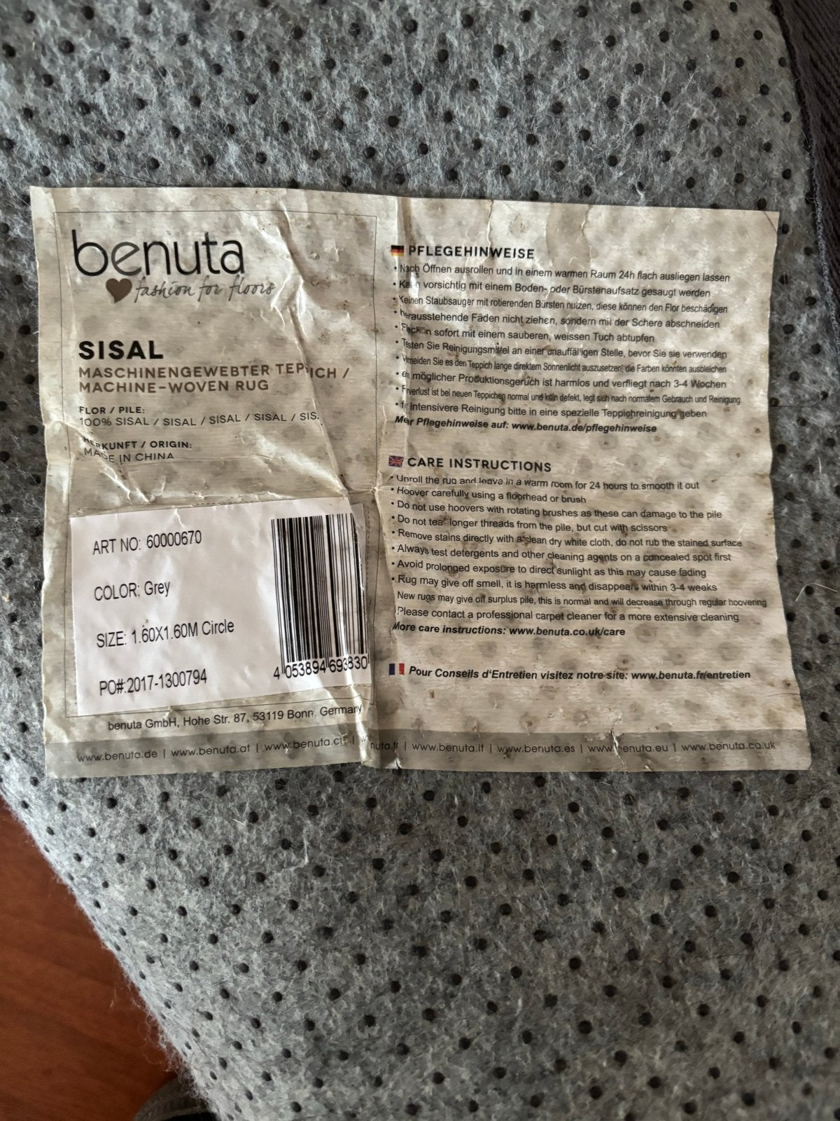 Benuta Sisal Rond Vloerkleed Grijs 160cm, Huis en Inrichting, Ophalen, Gebruikt, 150 tot 200 cm, Rond