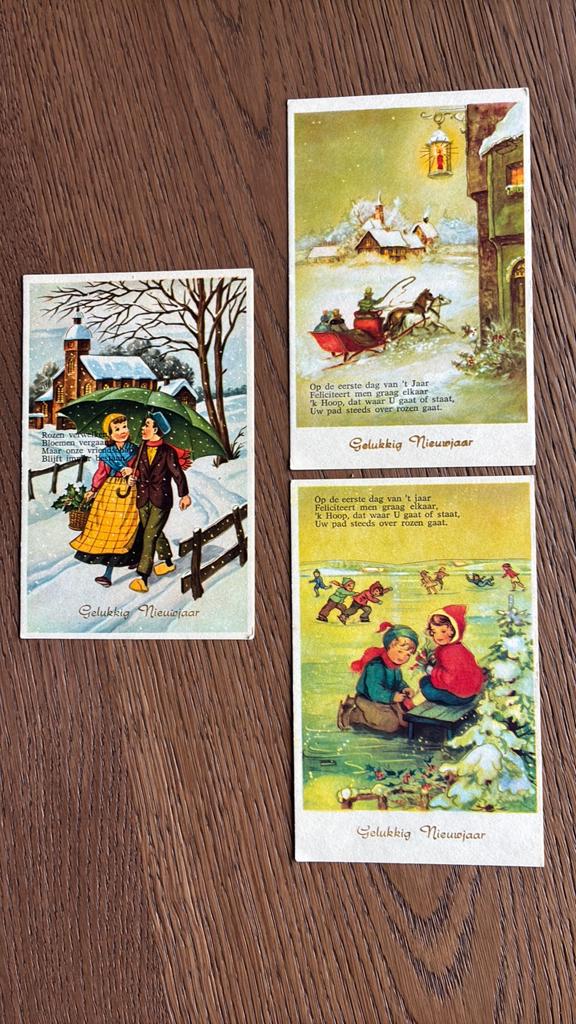 Gelukkig Nieuwjaar.Kaarten met rijm,schaatsen,wandelen,koets, Ophalen of Verzenden, Feest(dag)