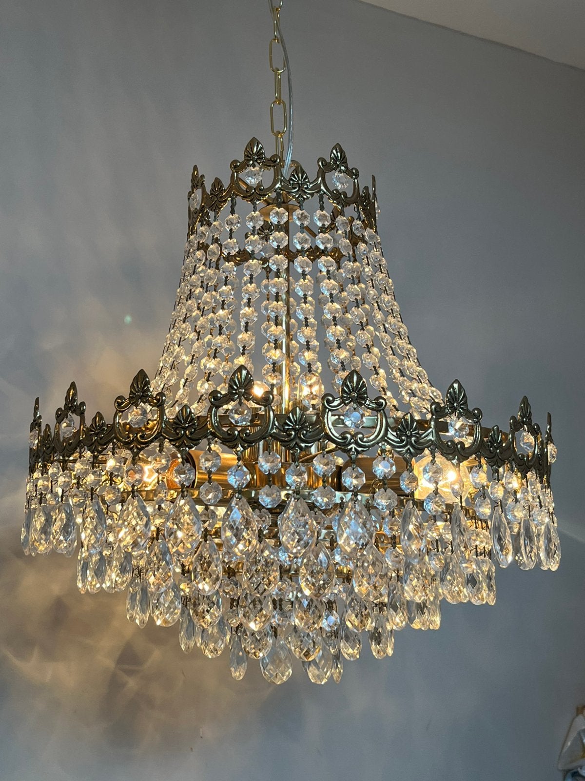 zakkroonluchter kristal kroonluchter hanglamp vintage goud, Huis en Inrichting, Baak, Ophalen of Verzenden, Zo goed als nieuw