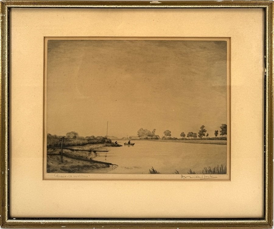 618. Ets, Herman van der Jagt – "Presse de Maître", ca. 1920, Ophalen, Ets, Landschap, Ingelijst