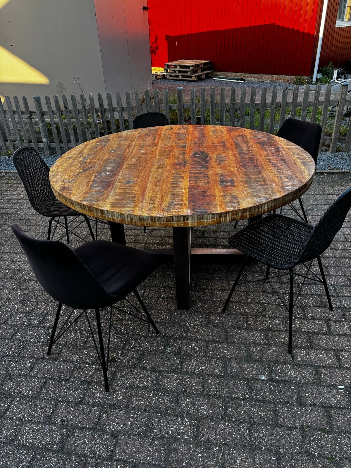 Ronde mangohouten eettafel 150cm met 5 stoelen, Ophalen, Gebruikt, 100 tot 150 cm, Rond