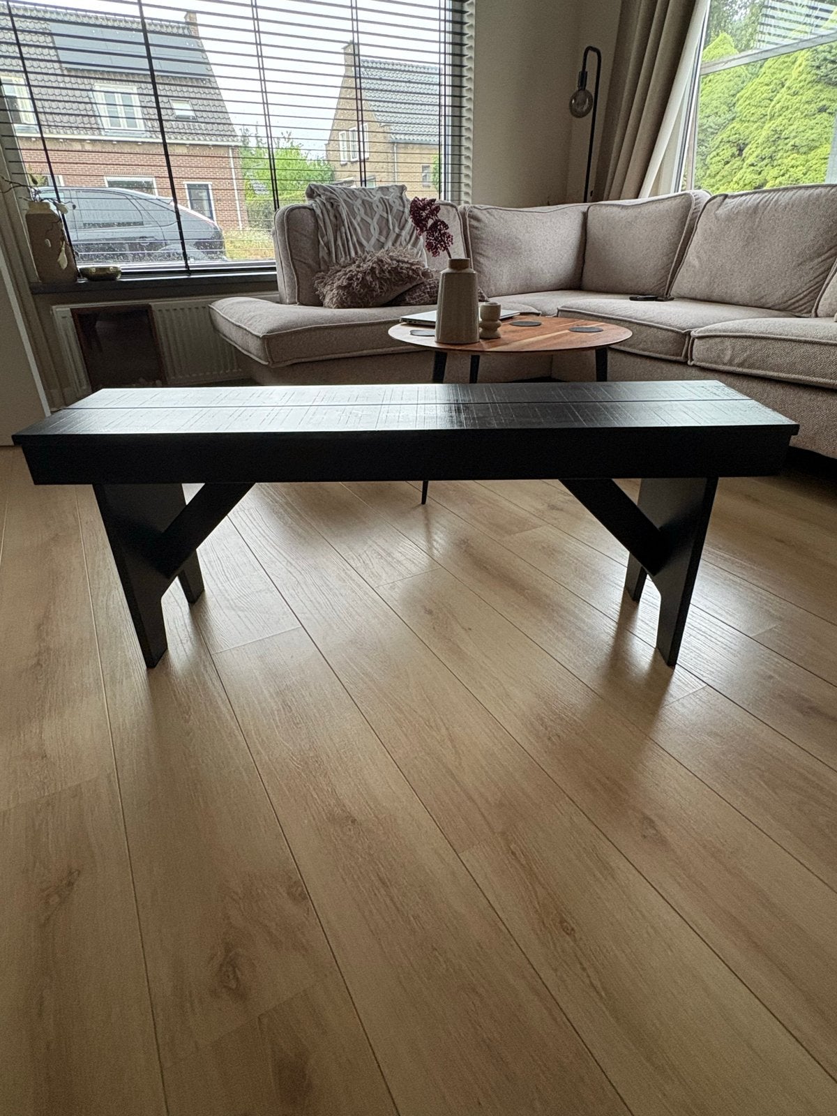 Zwarte houten bankje, Ophalen, Minder dan 50 cm, Gebruikt, 100 tot 150 cm