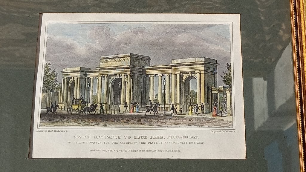 Mooie antieke Engelse ingelijste gravure van Hyde park., Handgekleurd, 1800 - 1899, Stadsgezicht, Ophalen of Verzenden
