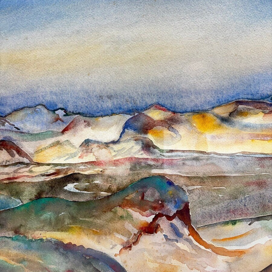 Hollandse School, aquarel: kleurrijk heuvellandschap, Ophalen of Verzenden, Ingelijst, Aquarel, Landschap