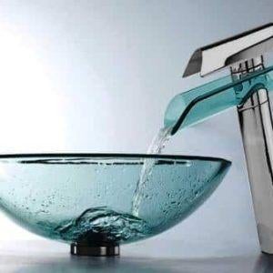 Glazen waskom met hoge  watervalkraan, Sanitair-online.eu, Rolisa25@gmail.com, Nieuw, Ophalen of Verzenden