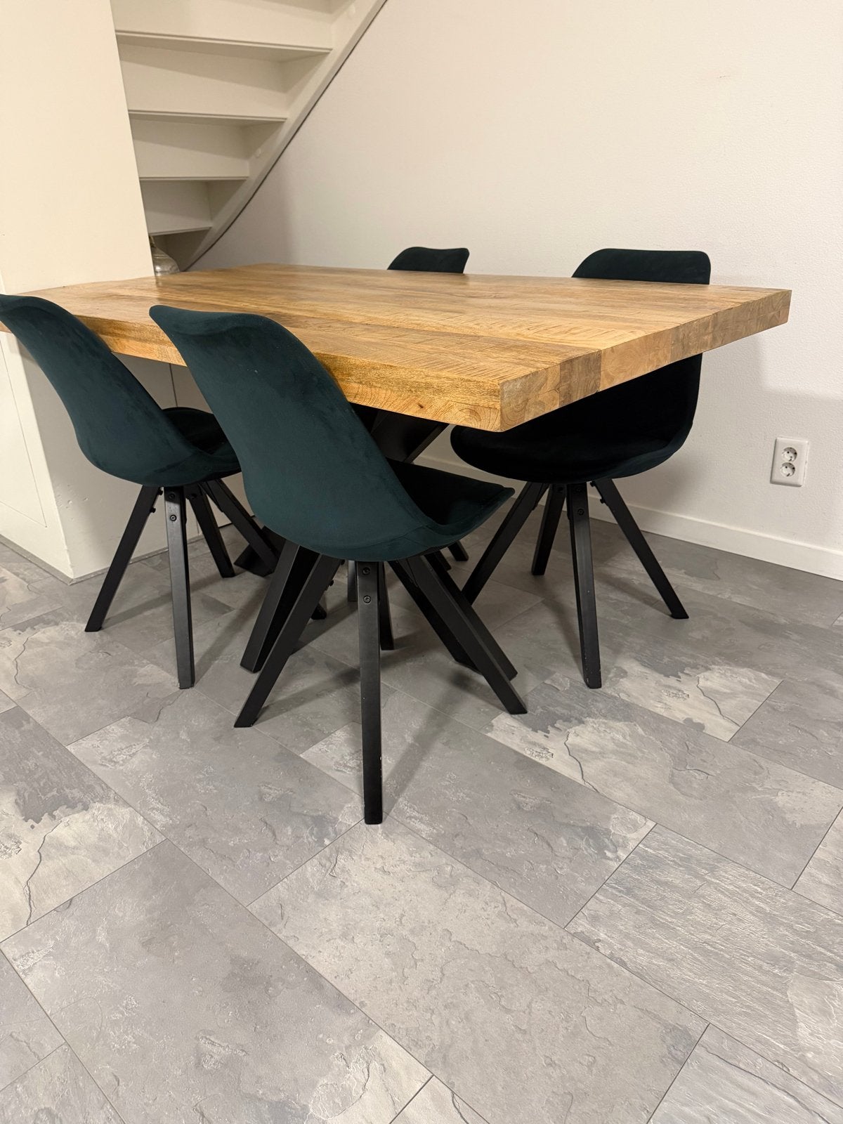 Eettafel 160x90 mangohout met stalen X-poten, Ophalen, 50 tot 100 cm, Zo goed als nieuw, 150 tot 200 cm