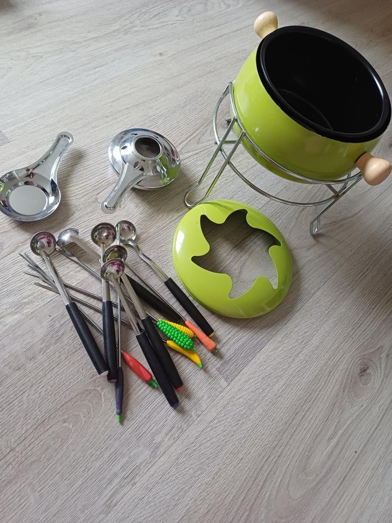 Fonduepan set - Groen, compleet met vorkjes en brander, Witgoed en Apparatuur, Gourmetstellen, Ophalen of Verzenden, Gebruikt