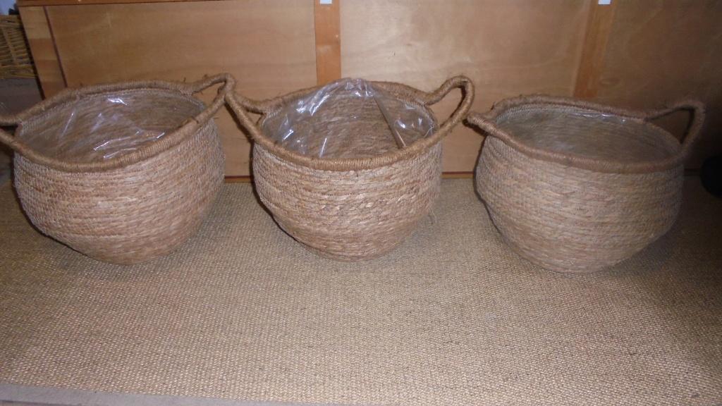 3 zgan rieten manden/bloempotten, doorsnee 34H25cm, 25 tot 40 cm, Overige materialen, Rond, Binnen