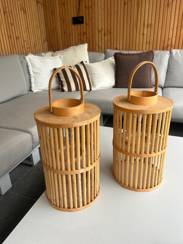 2 grote houten windlichten, Ophalen, Bruin, Zo goed als nieuw, Kaars