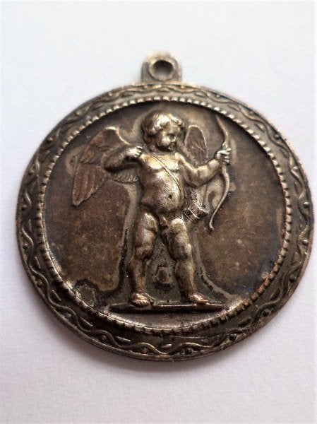 Zeldzame originele antieke Jugendstil Cupido hanger, KJAG, Ophalen of Verzenden, Zilver, Hanger