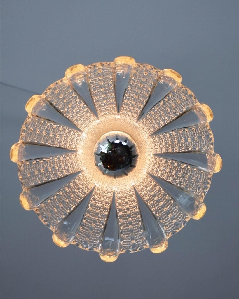 Franse vintage glazen Holophane hanglamp Art-Deco, Vintage Art-Deco, Zo goed als nieuw, Glas, E27 (groot)