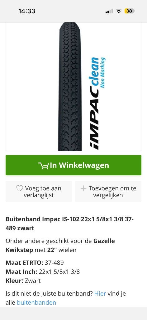 Zwarte buitenband Impac 22 inch 37-489 voor Gazelle Kwikstep, Ophalen of Verzenden, Nieuw, 20 inch of meer, Gazelle