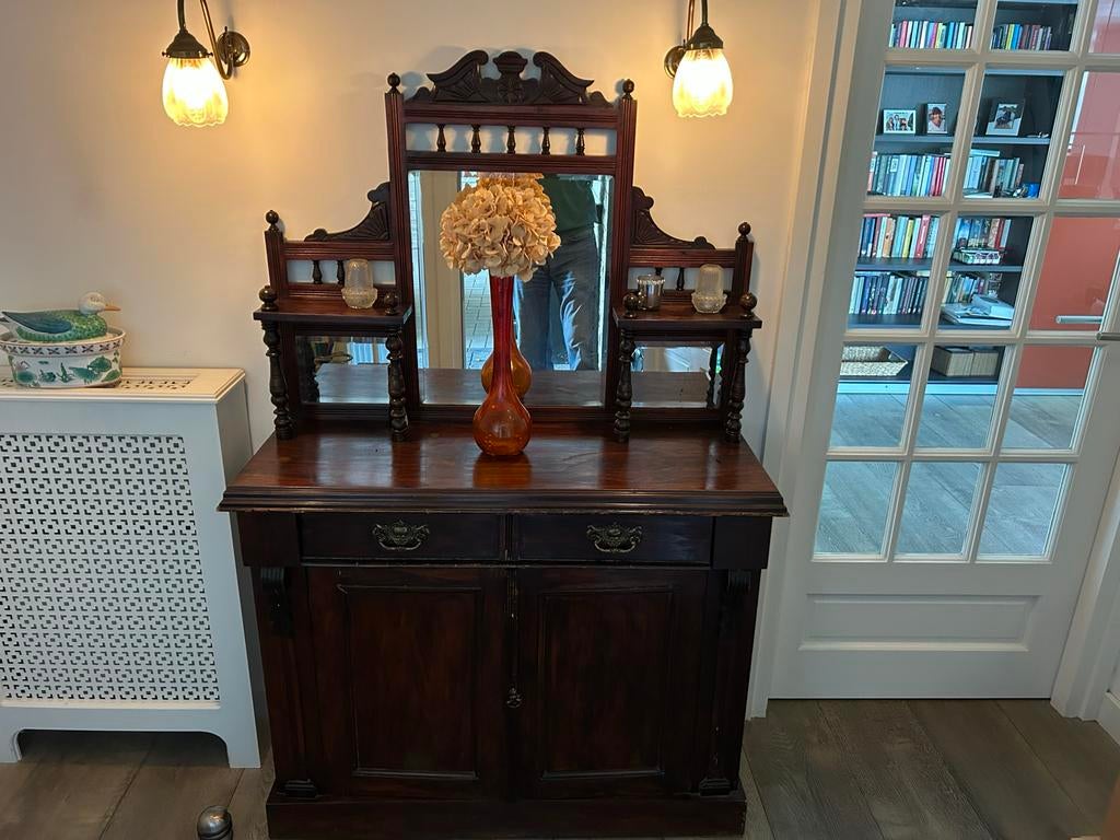 Antiek dressoir met spiegel en opzetstuk, Ophalen of Verzenden