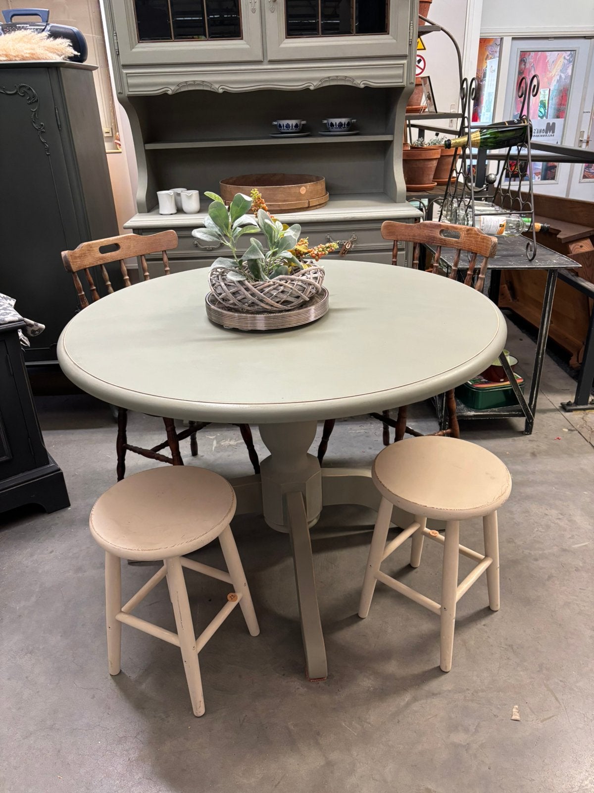 Vintage brocante houten tafel / eettafel rond, Huis en Inrichting, Tafels | Eettafels, Ophalen, Studio Larilo, Studiolarilo@gmail.com