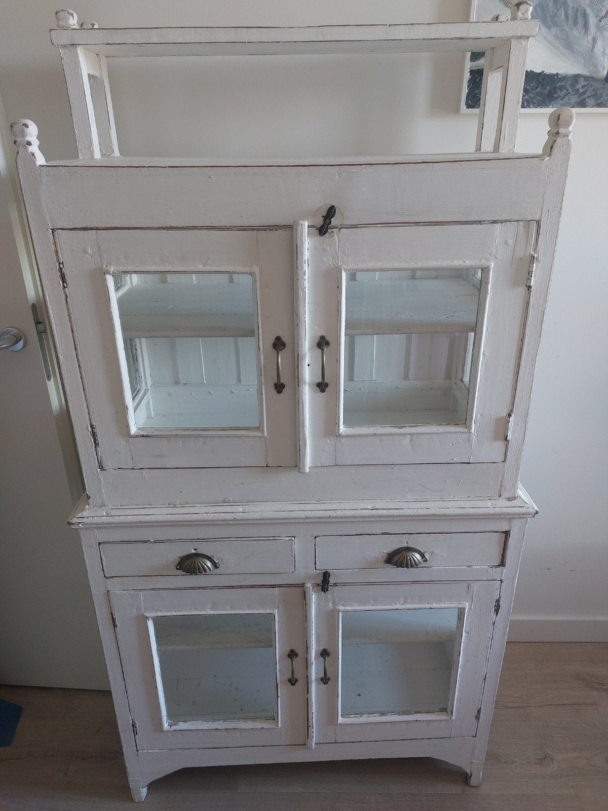 Brocante Buffetkast - Wit Houten Vitrinekast, Ophalen