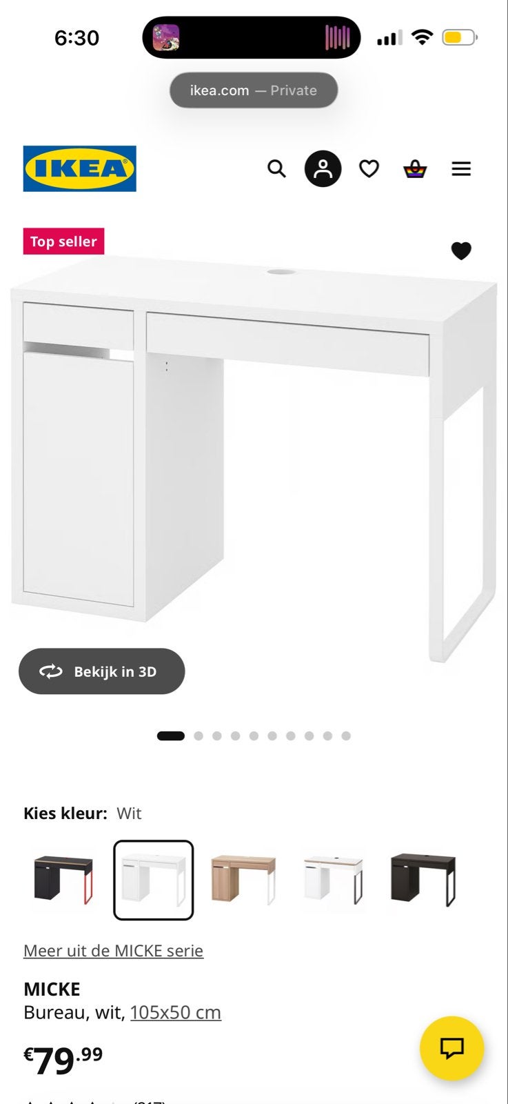 IKEA MICKE Bureau, wit, 105x50 cm, Ophalen, Gebruikt, Met lades, Spaanplaat of MDF