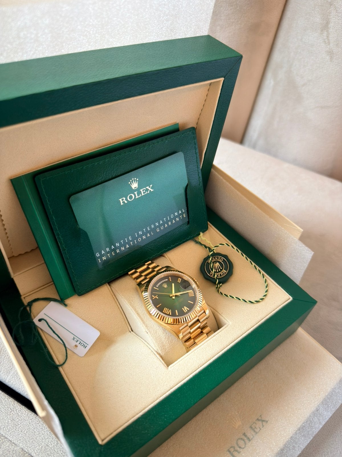 Rolex Day-Date Obre Groen Goud, Rolex, Polshorloge, Ophalen of Verzenden, Zo goed als nieuw