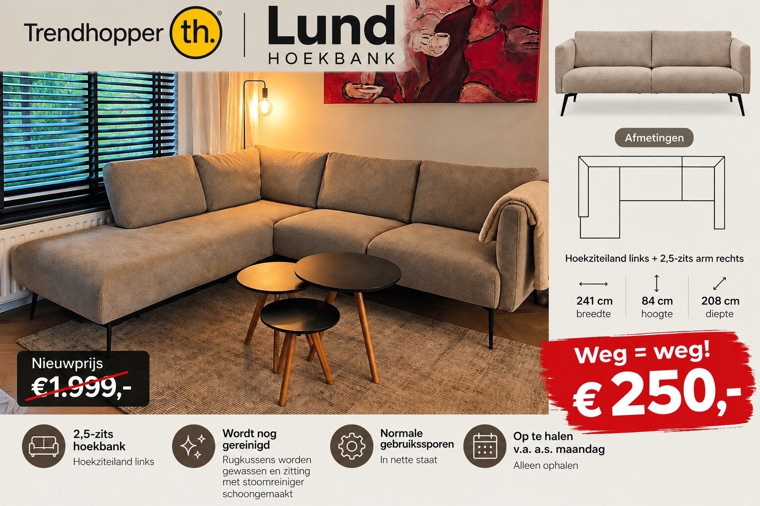 Hoekbank Trendhopper Lund 2,5 zits | €250 | weg = weg, Ophalen of Verzenden, Gebruikt, Vierpersoons of meer