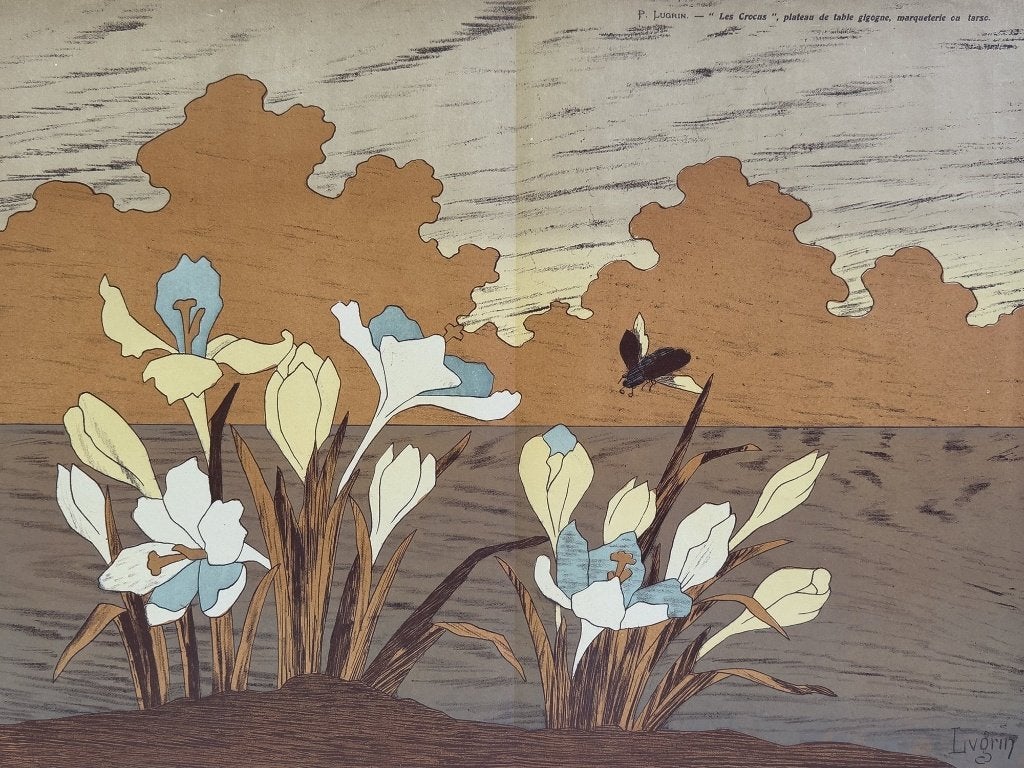 Antieke litho 1907 - Les Crocus, Art Nouveau Ontwerptekening, Antiek en Kunst, Kunst | Litho's en Zeefdrukken, Lithografie, Origineel